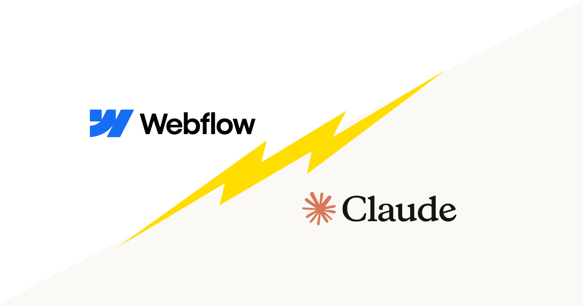 The Webflow logo and the Claude wordmark, split by a yellow lightning bolt
