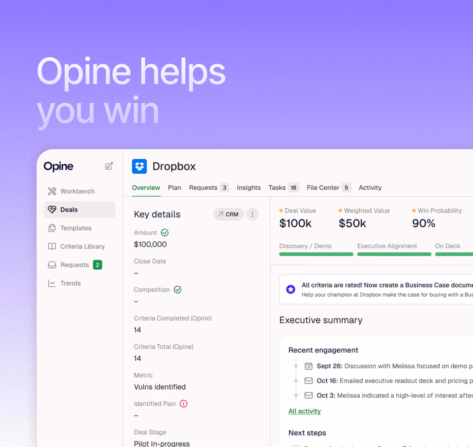 Opine helps you win — the Opine workspace showing a Dropbox deal with its value, weighted value and win probability