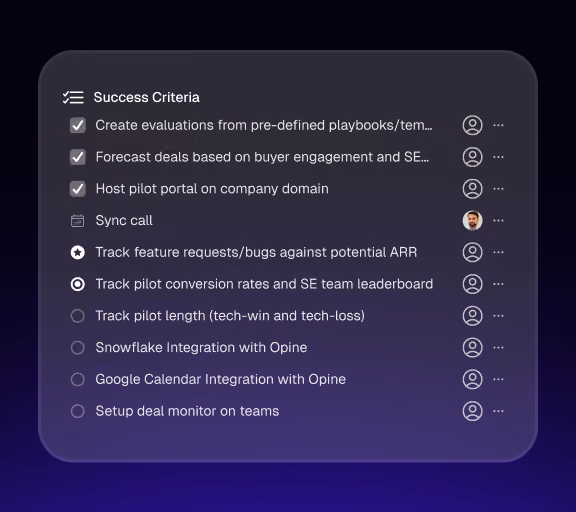 Checklist of success criteria with tasks and assigned collaborators on a dark purple background.