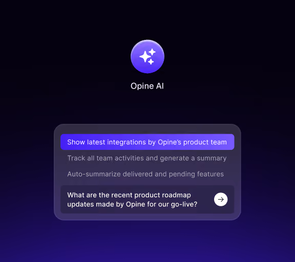 Opine AI logo above a dark box with product update text and a right arrow button.