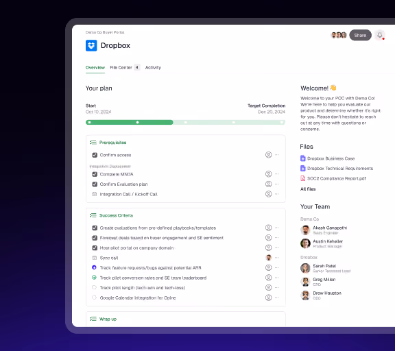 Dropbox project management interface showing plan progress, tasks, files, and team members.