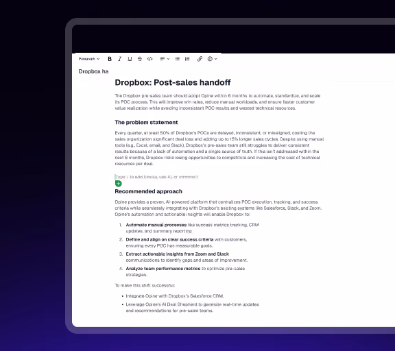 Document titled 'Dropbox: Post-sales handoff' explaining problem statement and recommended approach.
