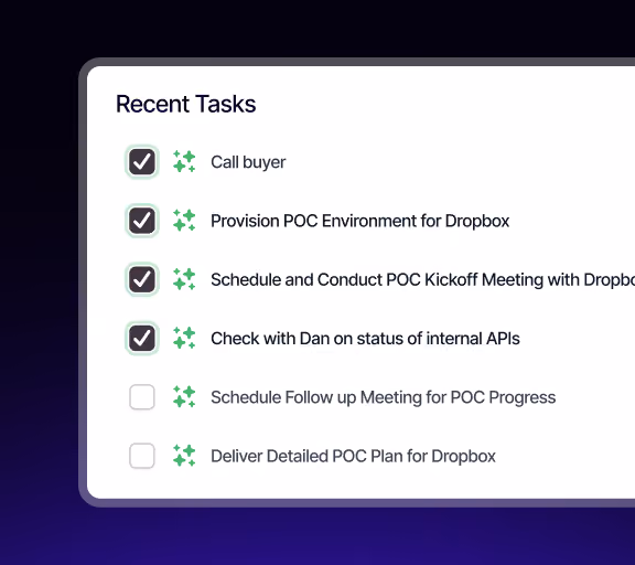 Recent tasks list with four checked tasks and two unchecked tasks related to POC and Dropbox.