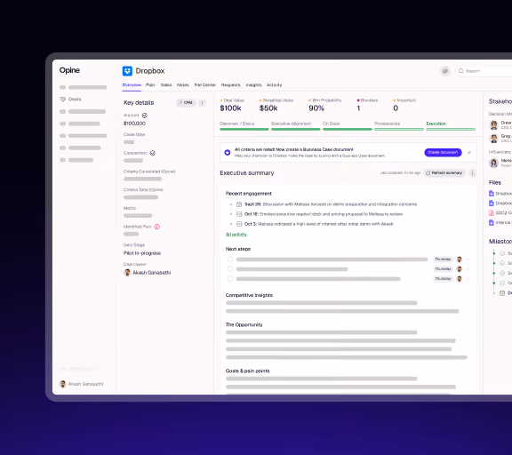 Screenshot of Opine app interface showing Dropbox integration with business document review and summary details.