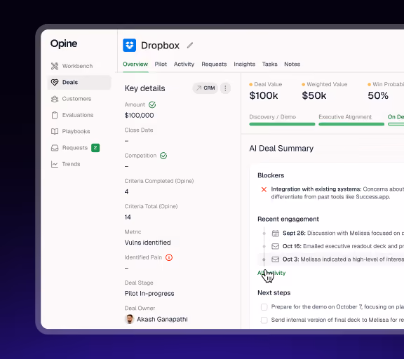 Dashboard screen showing Dropbox deal overview with key details, AI deal summary, blockers, and recent engagement notes.