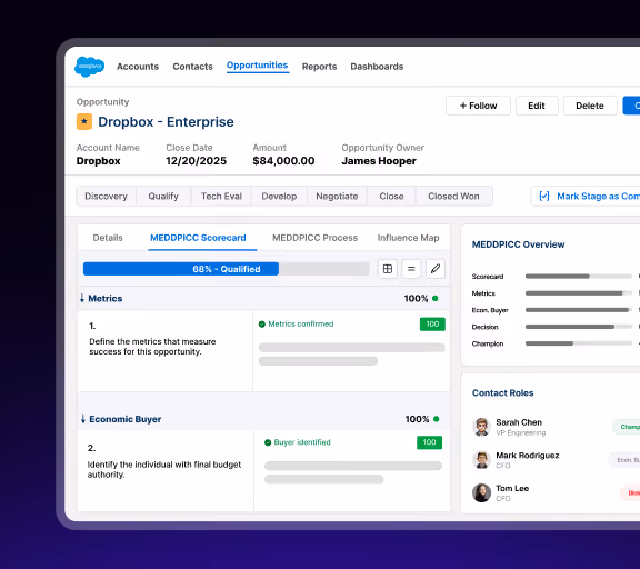 Salesforce opportunity dashboard showing Dropbox Enterprise details, status, scorecard, and contact roles.