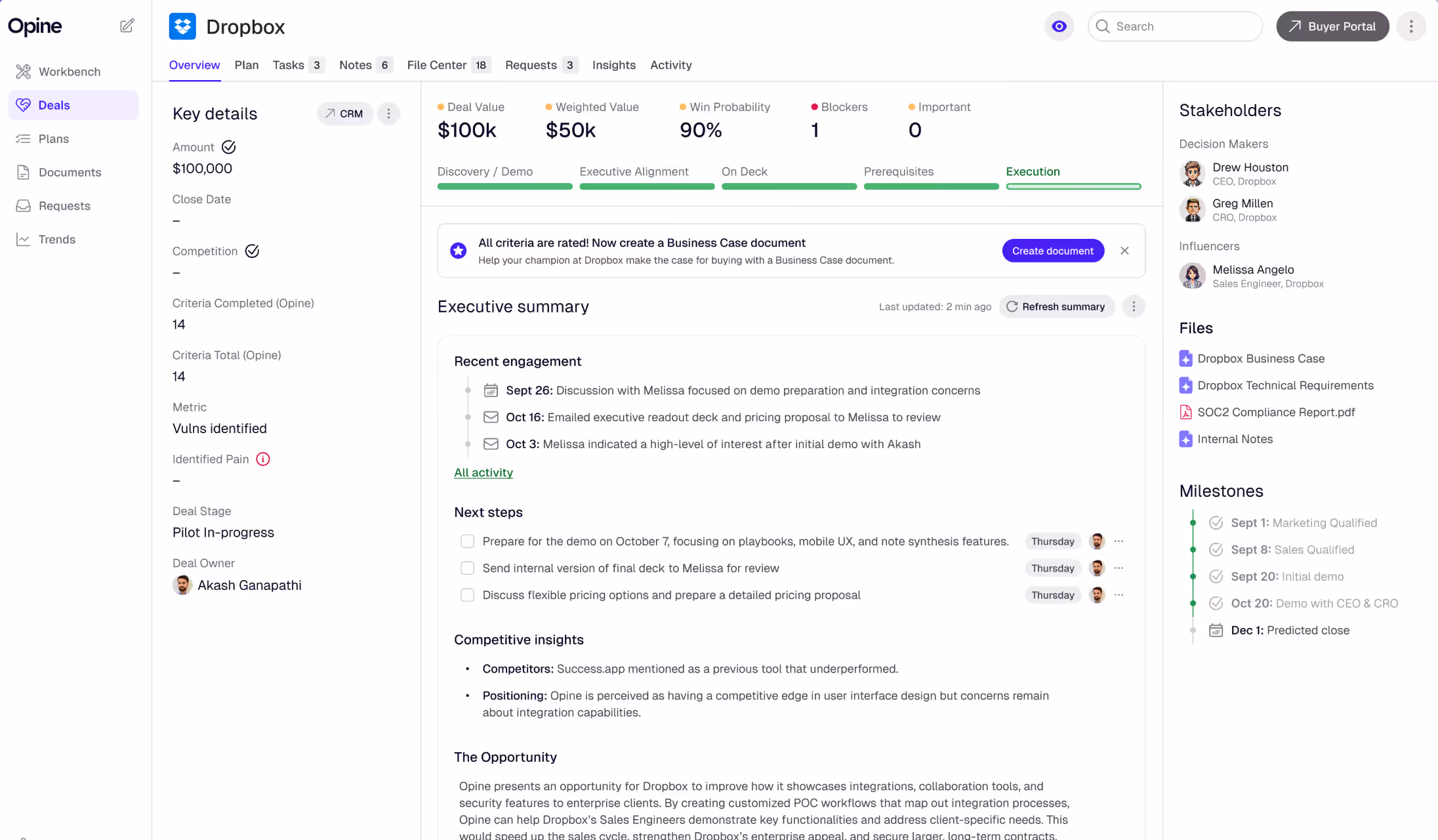 Opine deal workspace for a Dropbox deal: key details, executive summary, stakeholders, and milestones